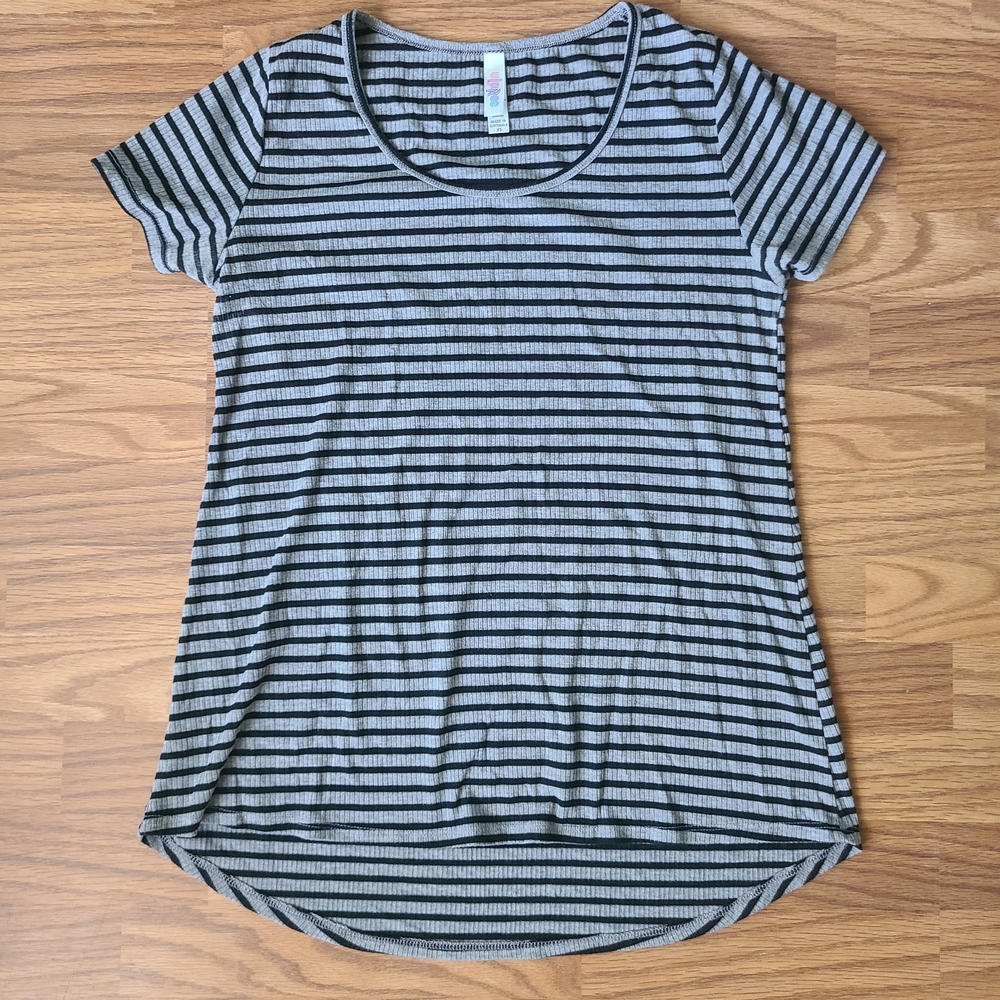 LuLaRoe Black and Gray Striped Short Sleeve Tee